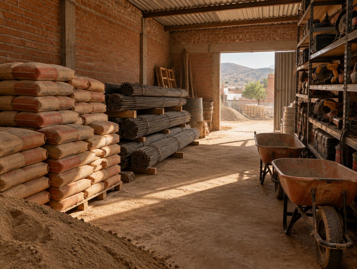 Bodega de obra con cemento, varilla y herramienta