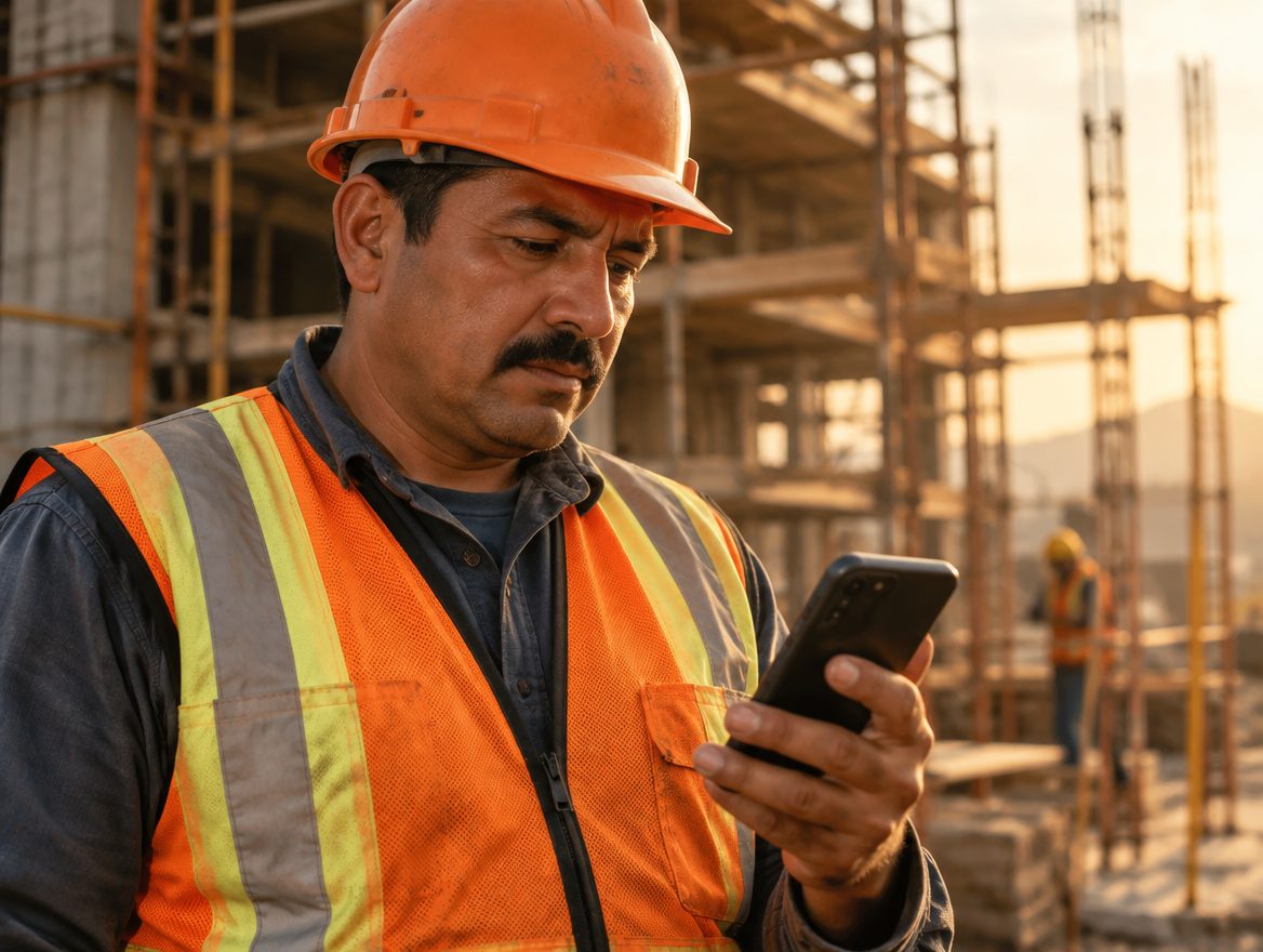 Residente de obra revisando su teléfono en la construcción