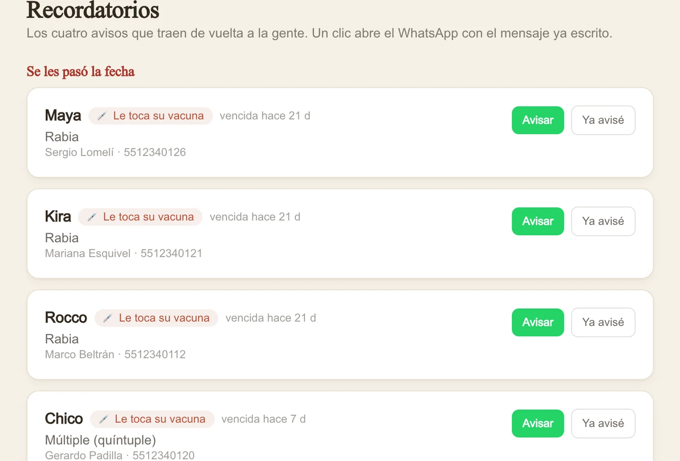 Lista de pacientes con vacuna vencida o por vencer, ordenada por urgencia.
