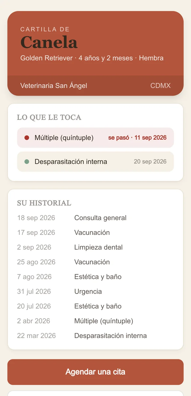 Cartilla de la mascota en el teléfono del dueño: lo que le toca y su historial.