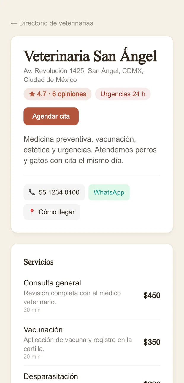 Ficha pública de la clínica en el teléfono: dirección, calificación, servicios y botón para apartar cita.
